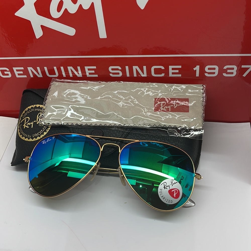 Brand New & Auth Ray ban Aviator Polarized Gold with Forest Green Mirror 58 - Picture 1 of 8